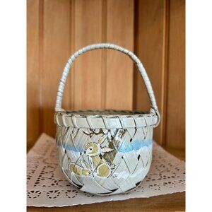 Vintage Hand-Painted Rustic Woven Small Easter Basket Bunny Rabbit Spring Decor